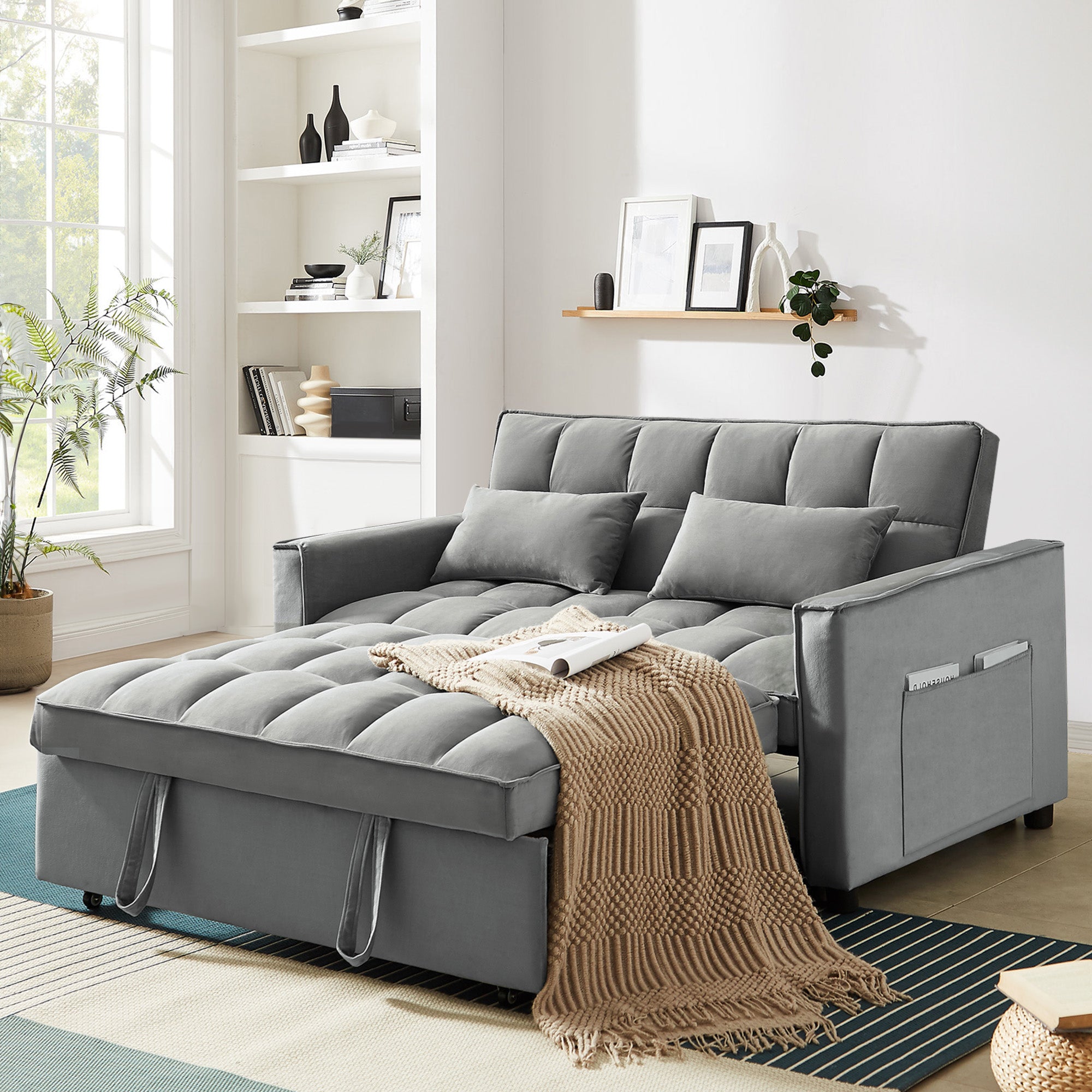 Lunale 3 in 1 Convertible Pull Out Sofa Bed, 55" Velvet Sleeper Loveseat