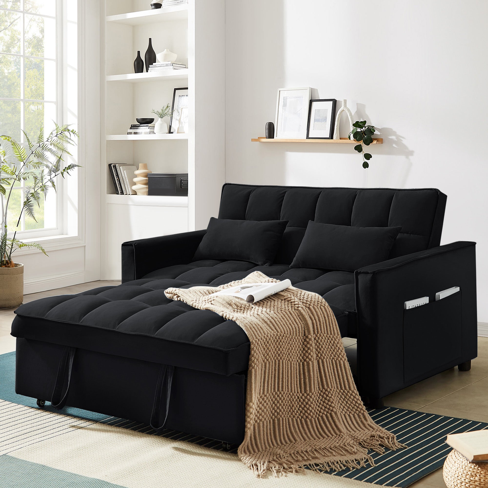 Lunale 55" Velvet 3-in-1 Convertible Pull Out Sofa Bed Sleeper Loveseat | Black | Modern