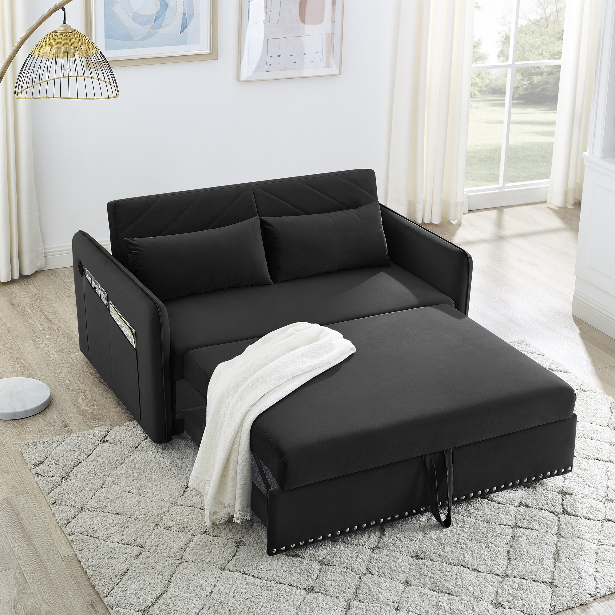 Lunale Convertible Sleeper Loveseat with USB, 55" Velvet Futon Sofa Bed