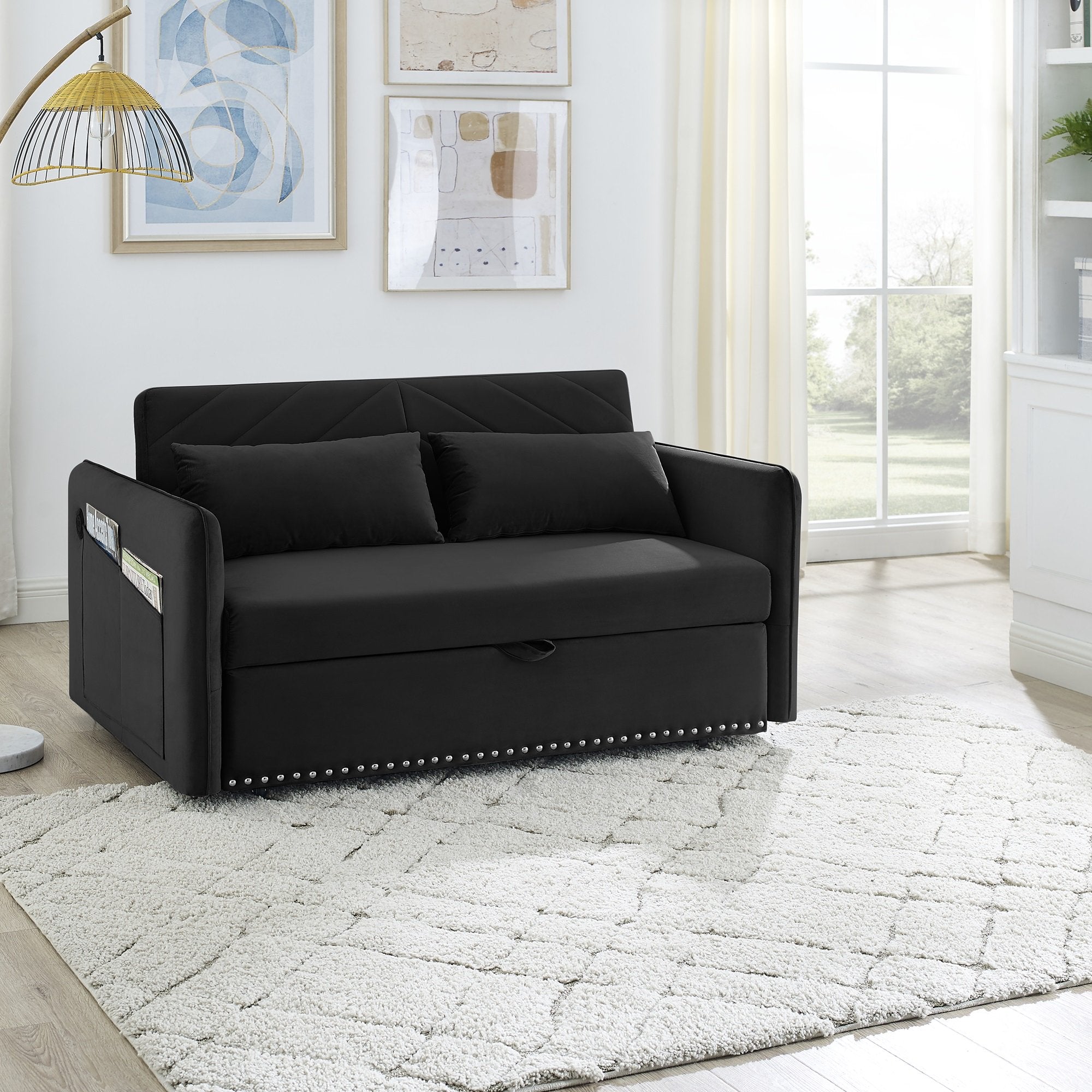 Lunale Convertible Sleeper Loveseat with USB, 55" Velvet Futon Sofa Bed